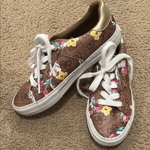 GUESS Like New Floral Brown Sneakers with Gold Accents Size 7